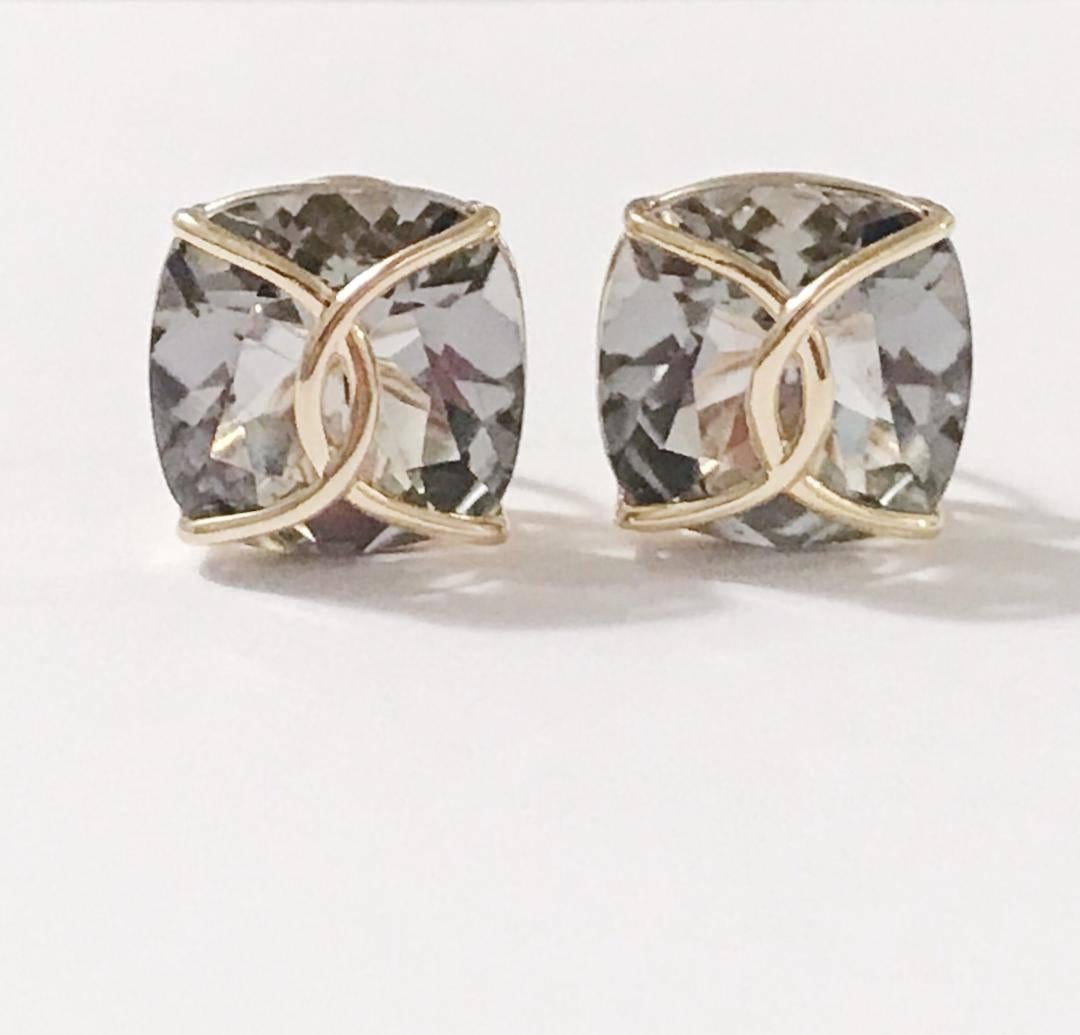 The Green Amethyst Cushion Stud Earring with 18kt Yellow Gold Wire Wrap is approximately 15 mm. 

This earring can be made with any color 18kt gold and semi precious stone,

Please contact me with any questions you may have.

Best,
Christina