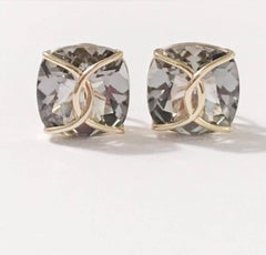 Green Amethyst Cushion Stud Earring with Yellow Gold Wire Wrap