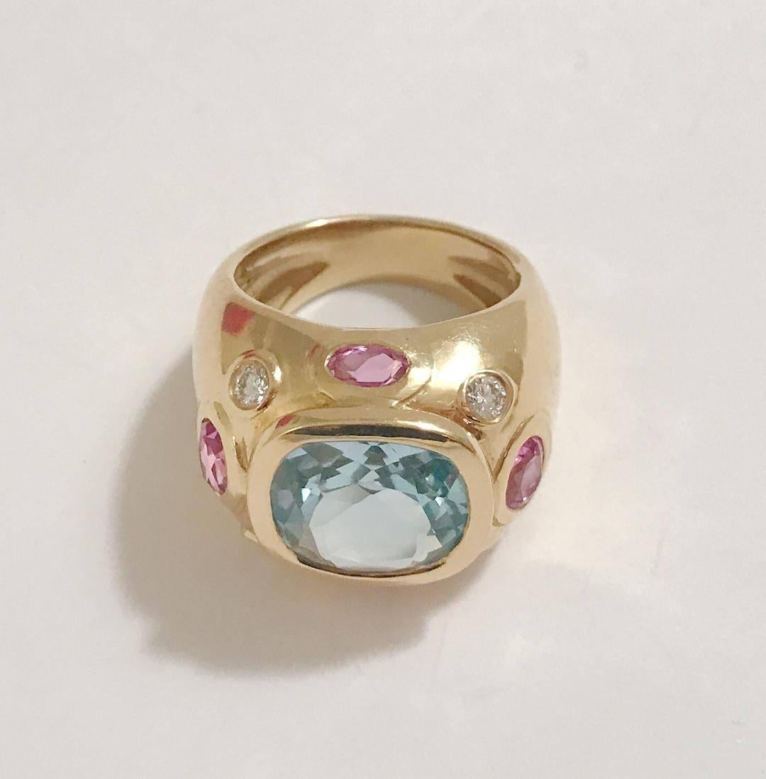 Women's Bonheur Ring, Blue Topaz and Pink Topaz and Diamond Yellow Gold Domed Ring For Sale