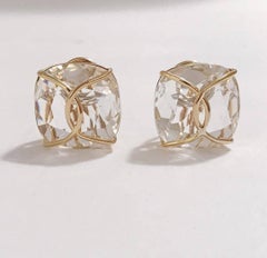 Jumbo Rock Crystal Cushion Stud Earring with Yellow Gold Wire Wrap