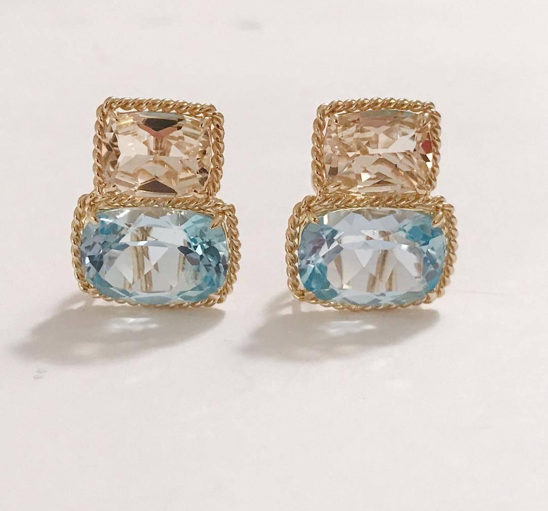 Elegant 18kt Yellow Gold Rope Twist Border two stone Earring with faceted Lemon Citrine and Pale Blue Topaz. This is a classic day to evening earring that can be made clip or pierced.

The meaning measures 3/4' tall and 1/2