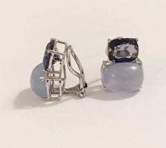 White Gold Double Cushion Earrings with Iolite and Cabochon Chalcedony