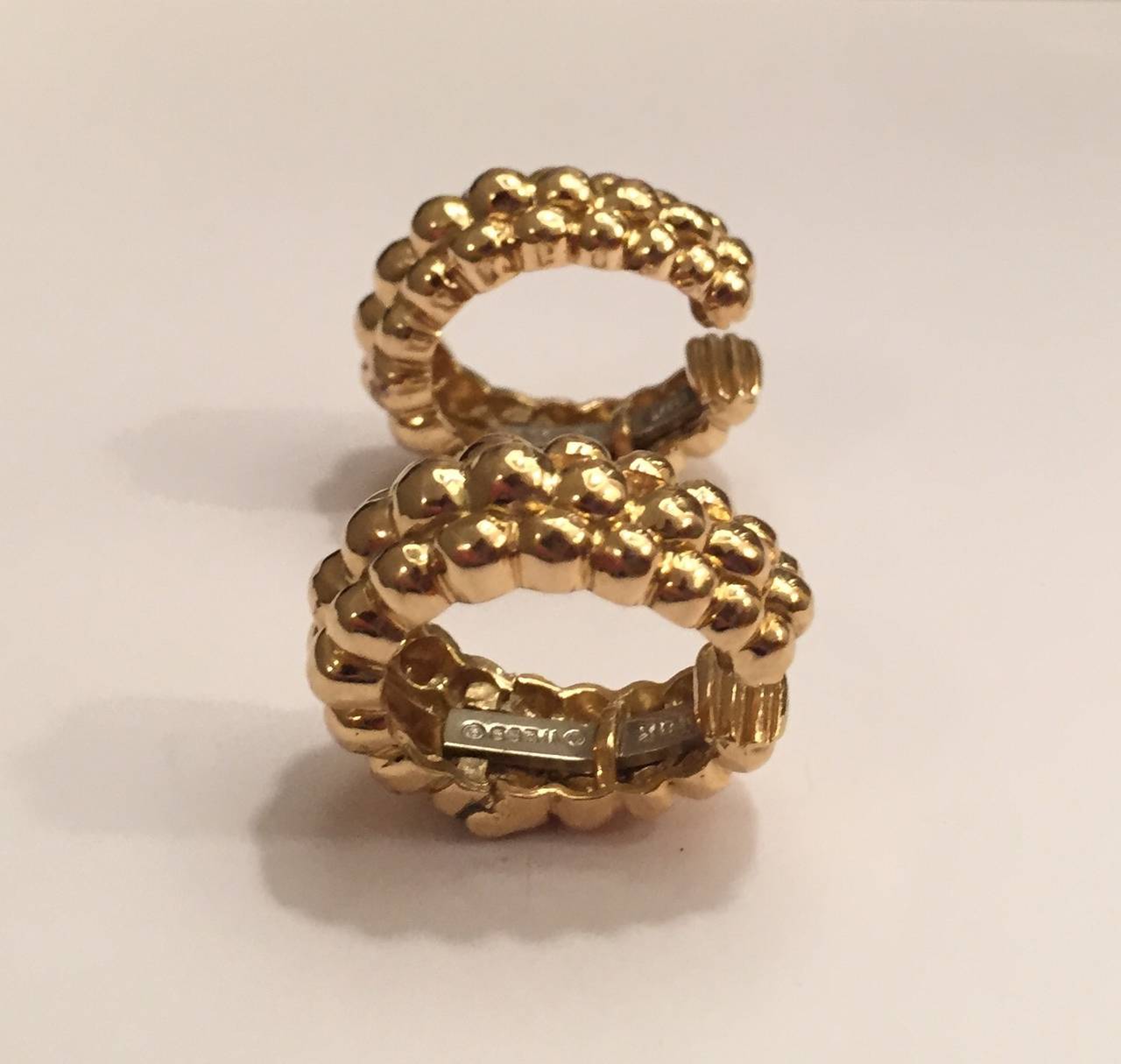 18kt Gold Three Row Creole Ear Clips by David Webb with graduated signature  beading creating texture and movement.  The beading width ranges from 1/8