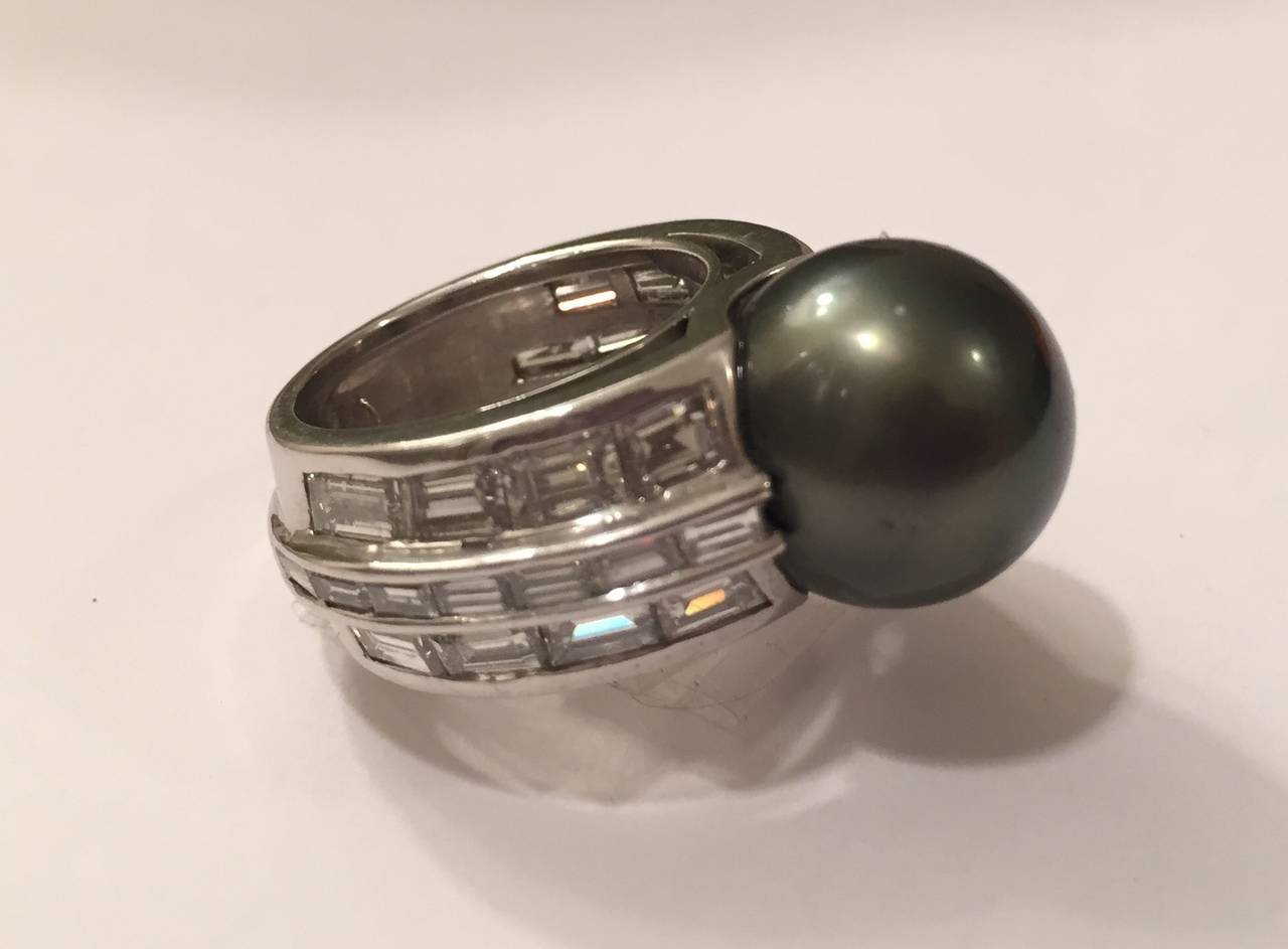 Art Deco A. Clunn Platinum Baguette Diamond and South Sea Pearl Ring For Sale