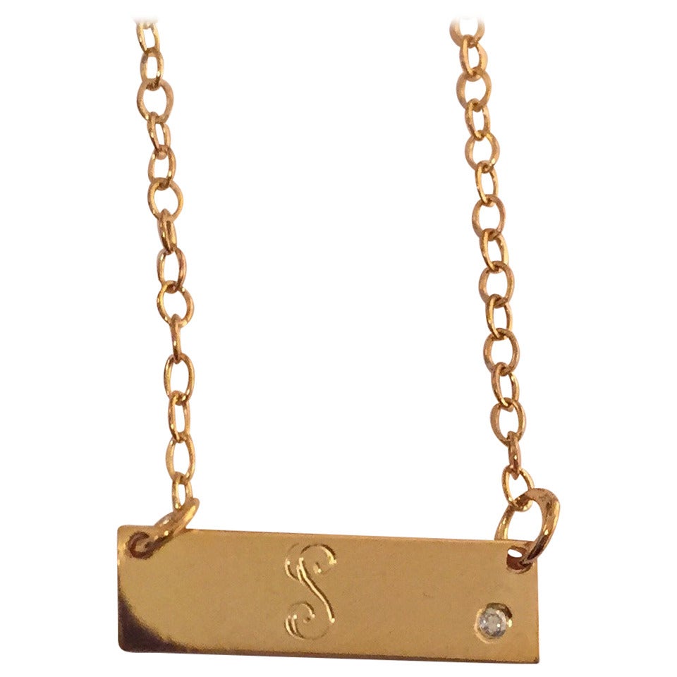 Mini Bar Necklace with elegant Script Initial and offset diamond accent