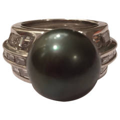 Platinum Baguette Diamond and South Sea Pearl Ring