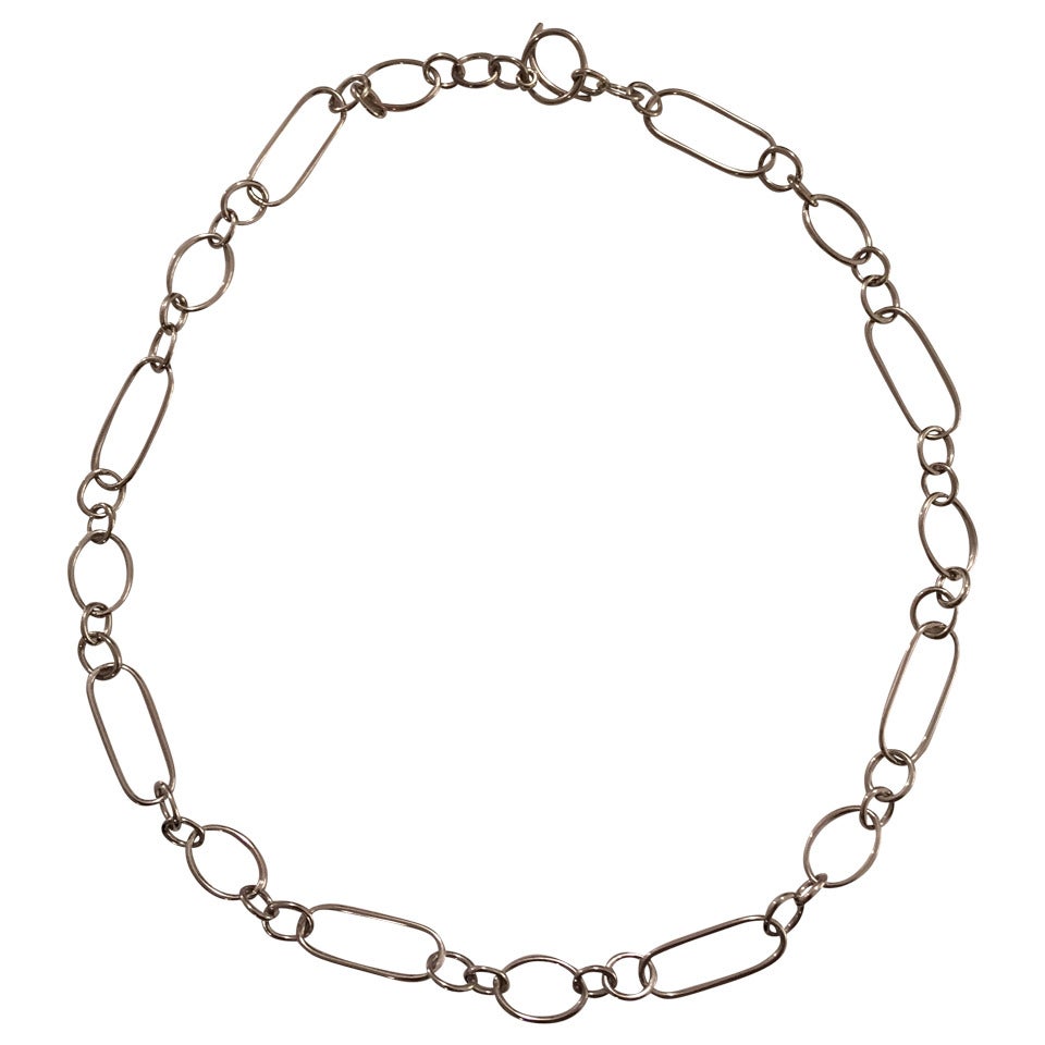 Mixed Shape 18kt White Gold Link Necklace with Toggle Closure For Sale