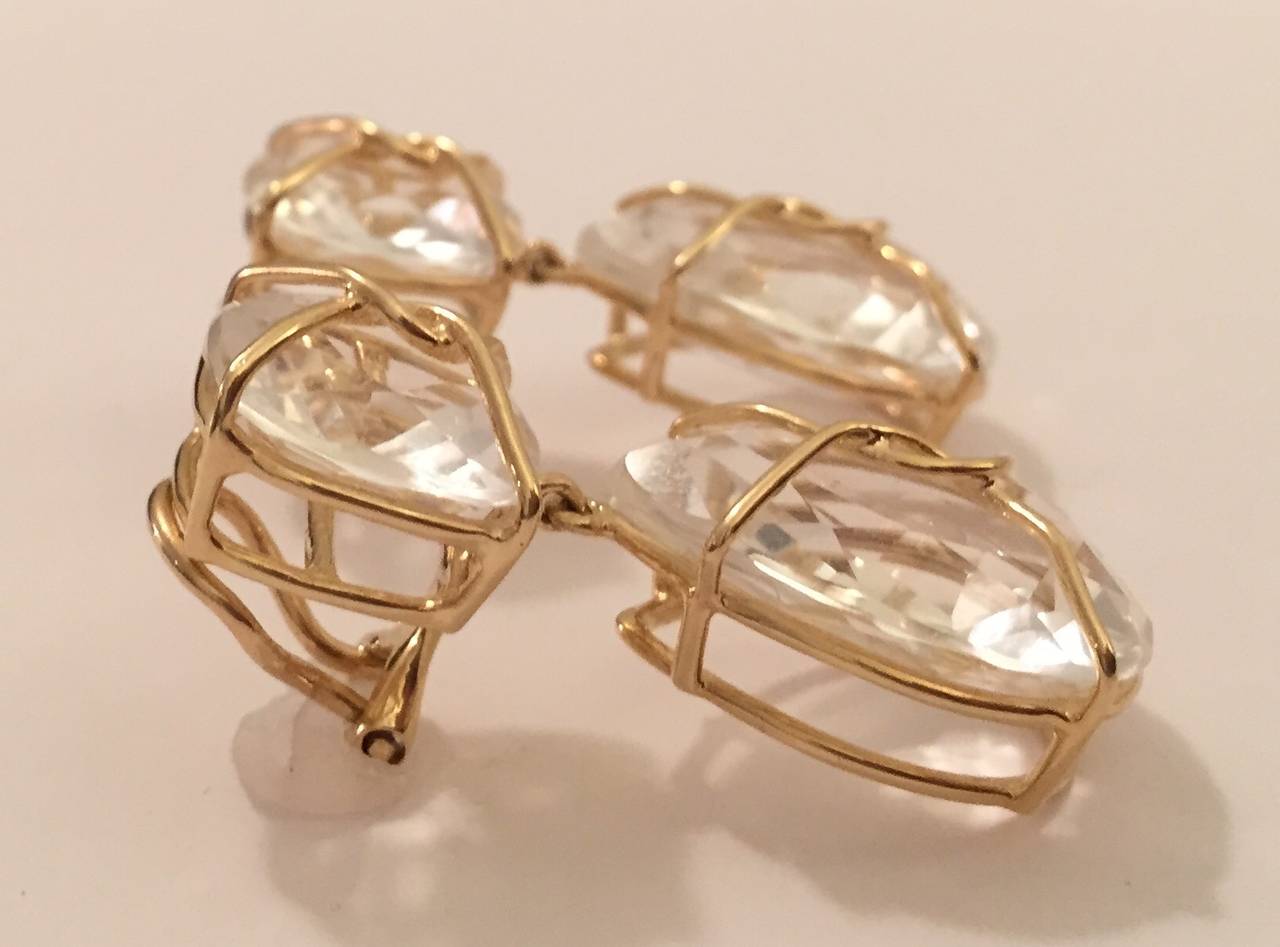Contemporary Rock Crystal and Twisted Gold Drop Earrings For Sale