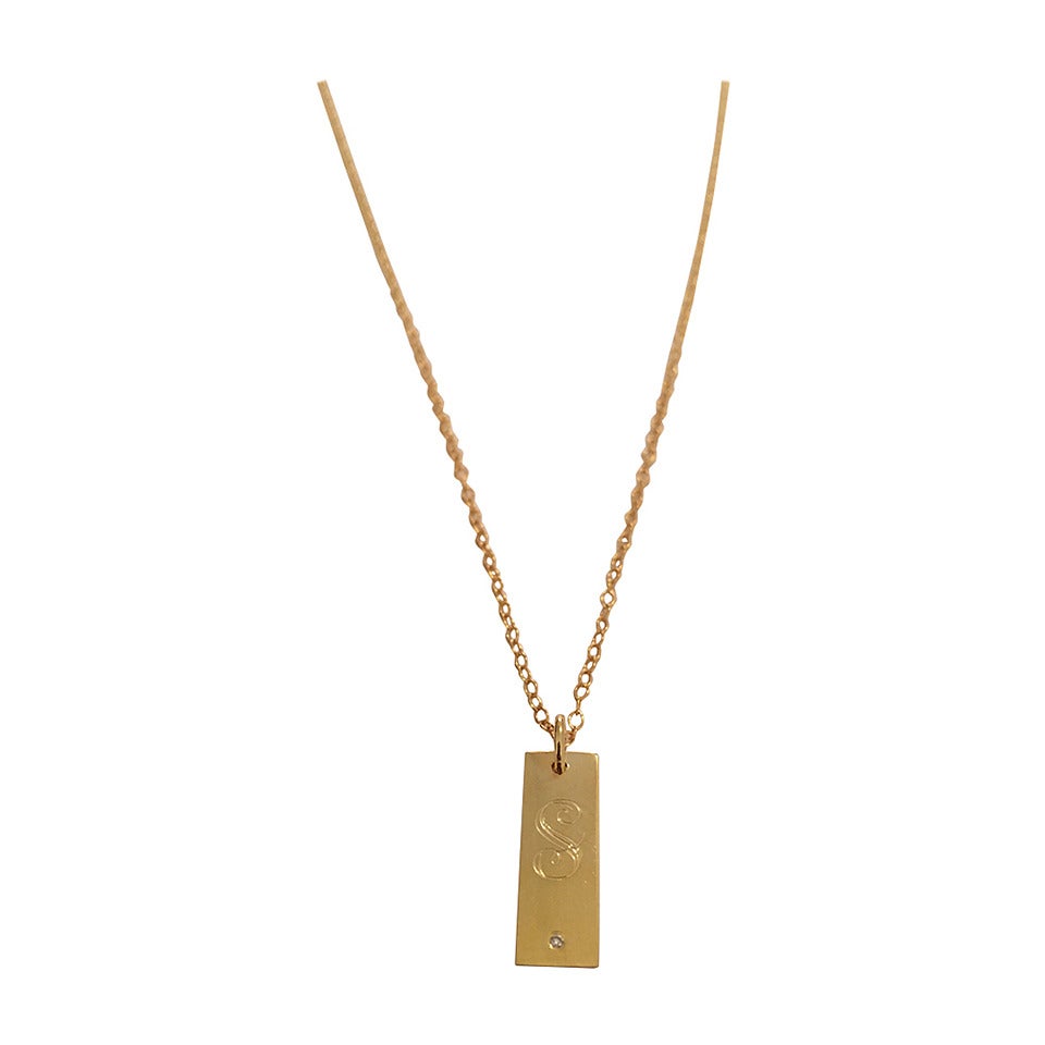 Hanging Bar Necklace with Script Initial and Diamond For Sale at 1stDibs