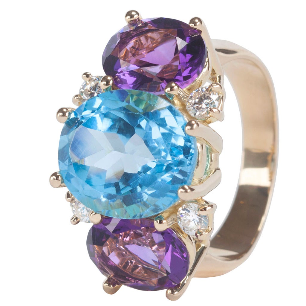 Medium GUM DROP™ Ring with Blue Topaz and Violet Amethyst and Diamonds For Sale