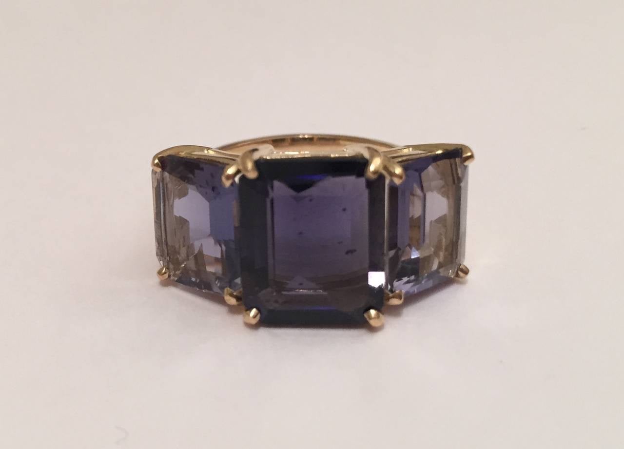 Bold Emerald Cut Iolite Gold Three Stone Ring For Sale 7