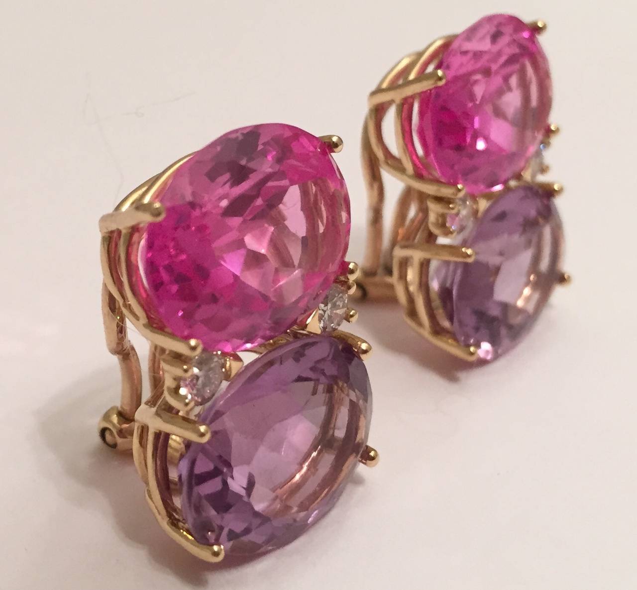 18kt Yellow Gold Grande GUM DROP™ Earrings with Pink Topaz and Amethyst and diamonds ~0.60cts - The biggest of the GUM DROP™ Earring Collection!

Both stones are of equal size - measuring 5/8