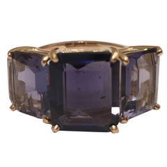 Bold Emerald Cut Iolite Gold Three Stone Ring 9
