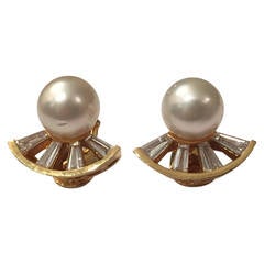 Andrew Clunn Elegant Pearl Baguette Diamond Gold Ear Clips