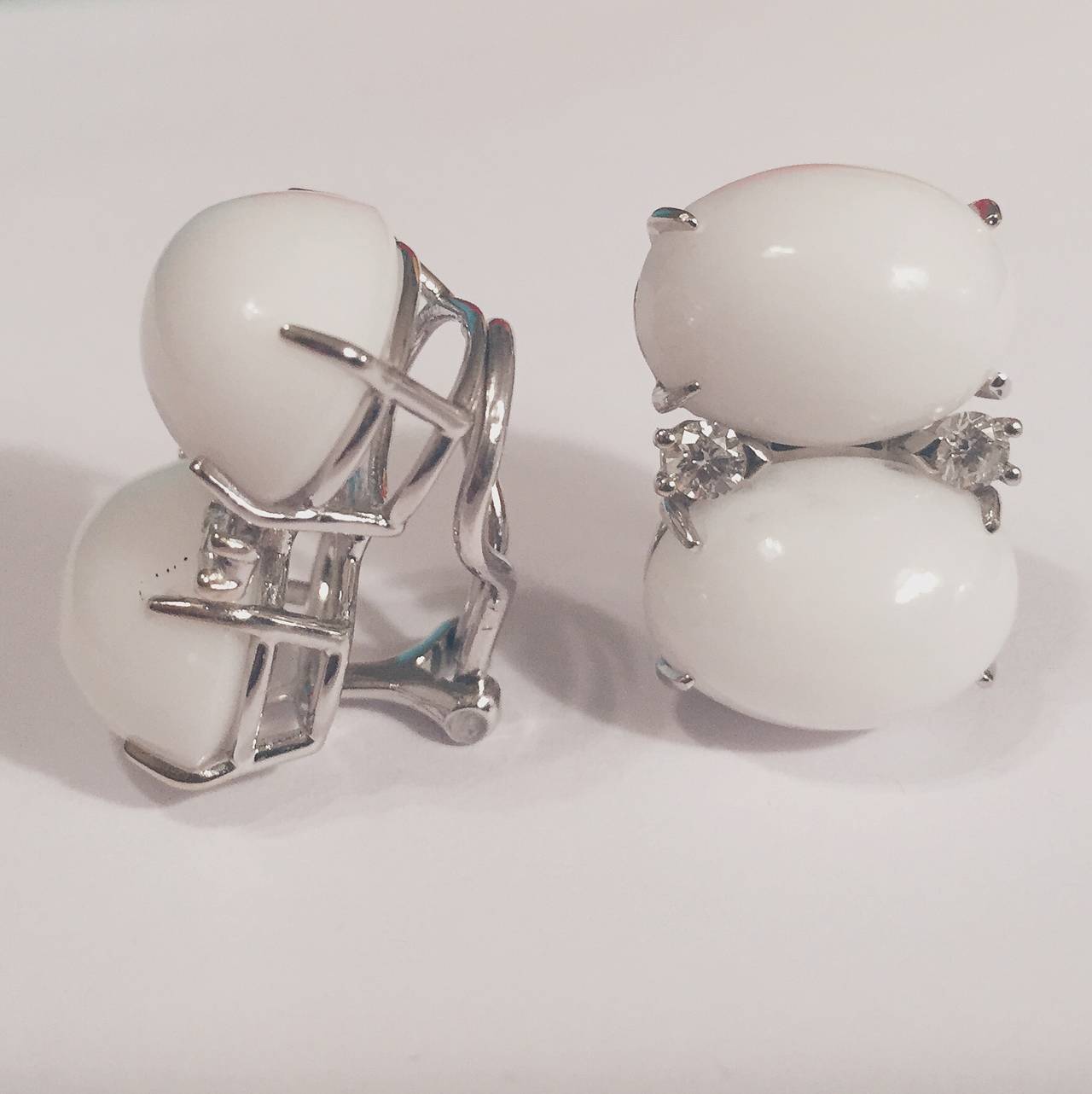 18kt White Gold Grande  GUM DROP™ Earrings with Cabochon White Jade and four diamonds ~-.60cts - The biggest of the Collection!

Both stones are of equal size - measuring 5/8