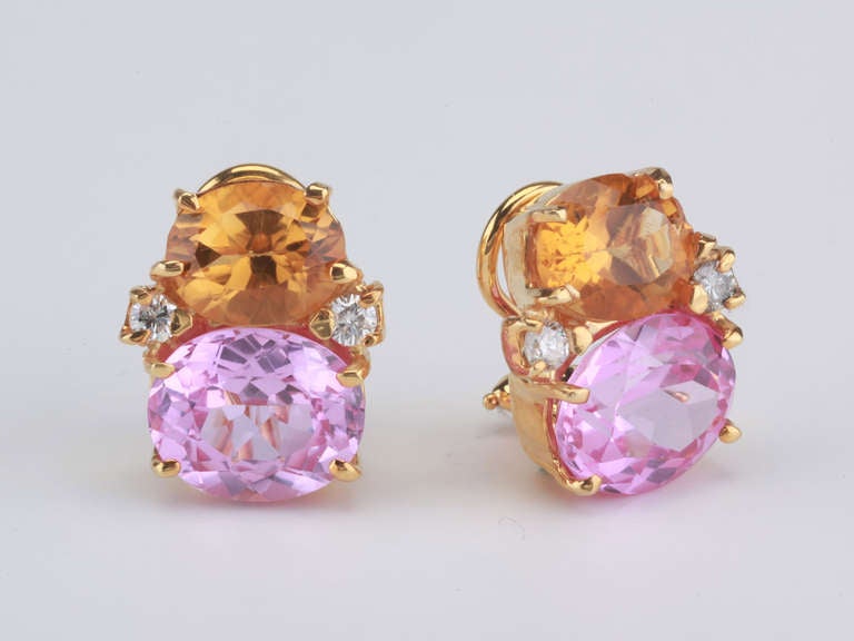 Contemporary Medium GUM DROP™ Earrings with Deep Citrine and Pink Topaz and Diamonds For Sale