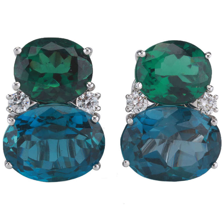 Large GUM DROP™ Earrings with Tsavorite and Dark Blue Topaz and Diamonds For Sale