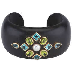 Peridot Blue Topaz Pearl Wood Cuff Bracelet 11