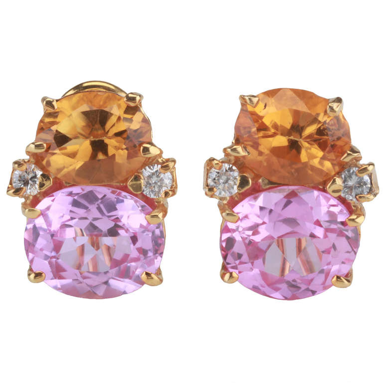 Medium GUM DROP™ Earrings with Deep Citrine and Pink Topaz and Diamonds For Sale