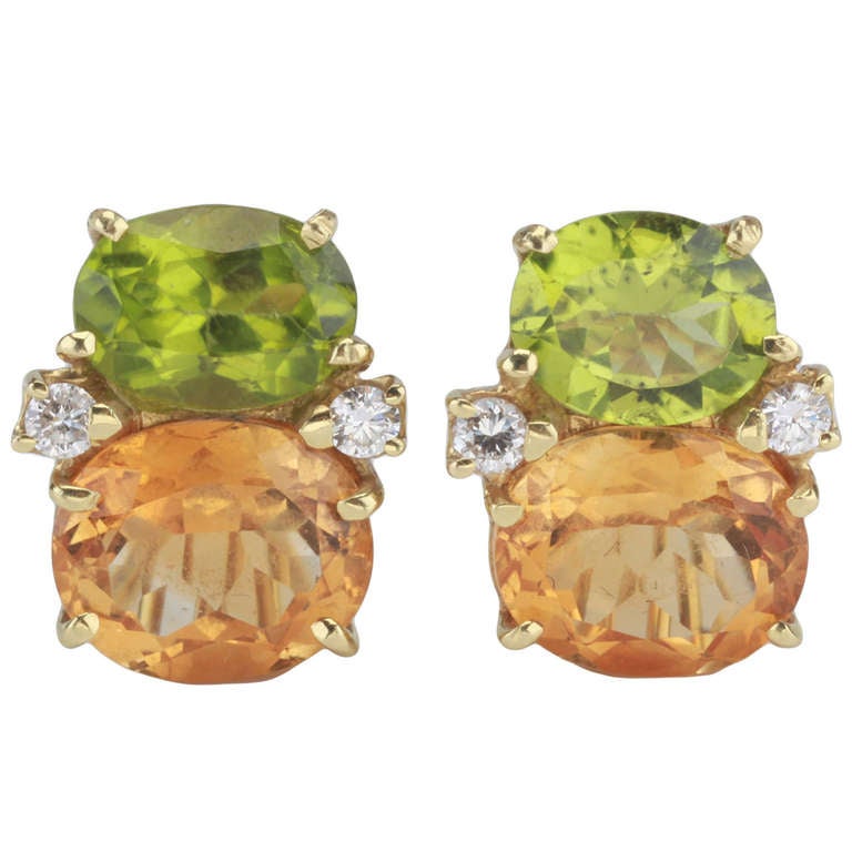 Medium GUM DROP™ Earrings with Peridot and Deep Citrine and Diamonds For Sale