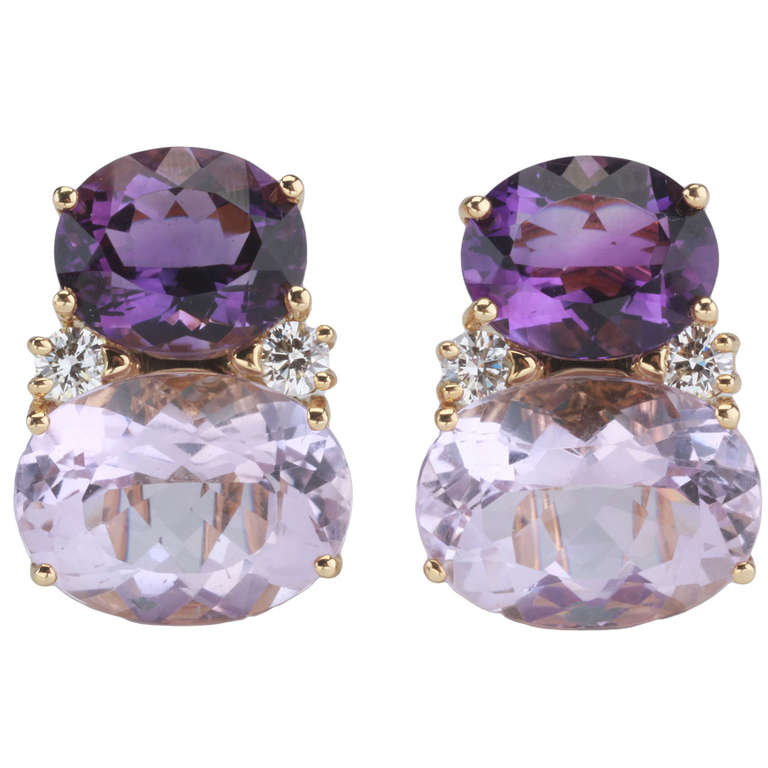 Large GUM DROP Earrings with Dark Amethyst and Pale Amethyst and Diamonds