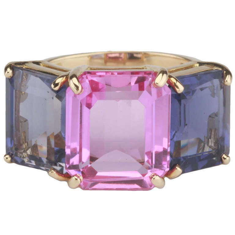 Yellow Gold Emerald Cut Ring with Pink Topaz and Iolite For Sale