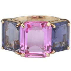 Used Yellow Gold Emerald Cut Ring with Pink Topaz and Iolite