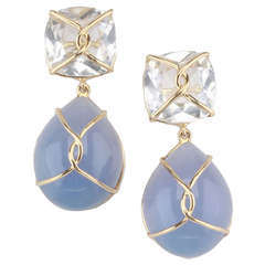 Yellow Gold Wrapped Drop Earring with Rock Crystal and Cabochon Chalcedony 9