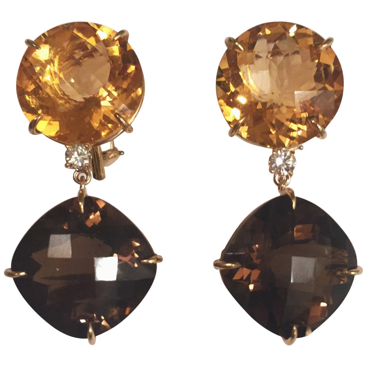 Andrew Clunn Large Solitaire Citrine Smoky Topaz Diamond drop Earrings For Sale