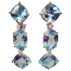 Blue Topaz Diamond White Gold Three Stone Drop Earring
