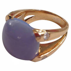 Yellow Gold Cushion Ring with Cabochon Chalcedony and Diamonds