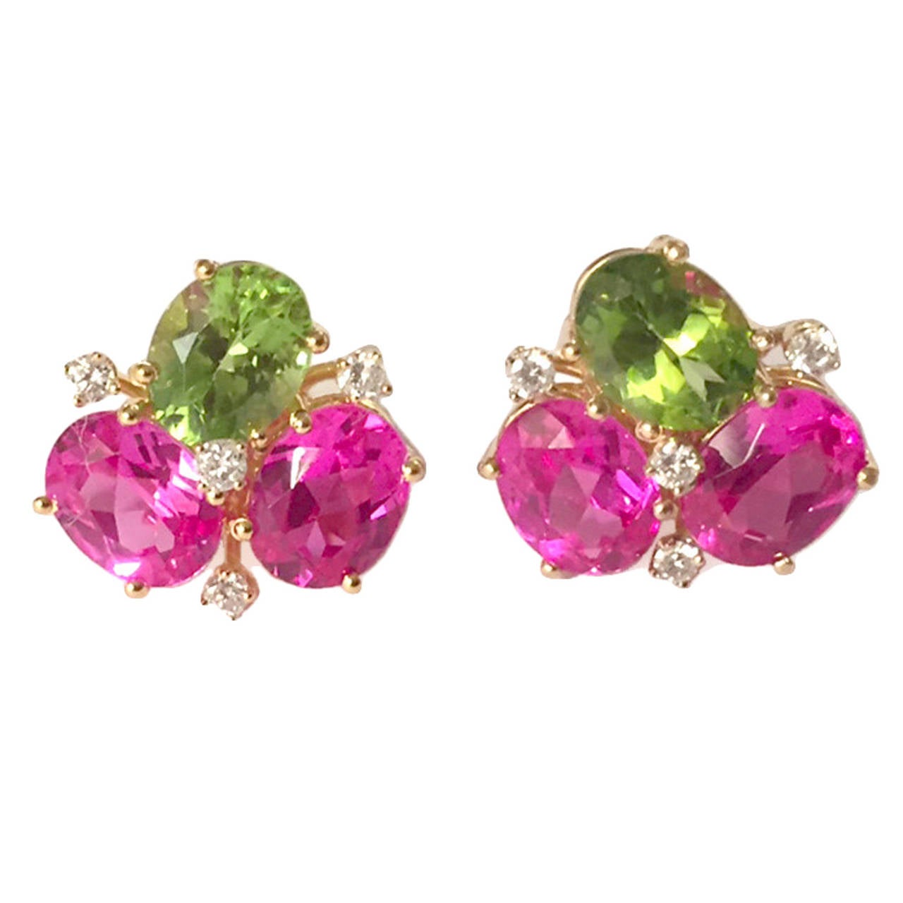 Pink Topaz Peridot Diamond Yellow Gold Mini Pebble Earrings For Sale