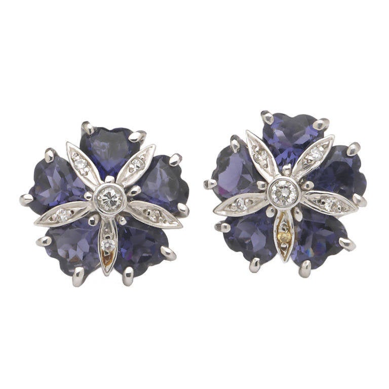 White Gold Mini Sand Dollar Earrings with Iolite and Diamonds For Sale