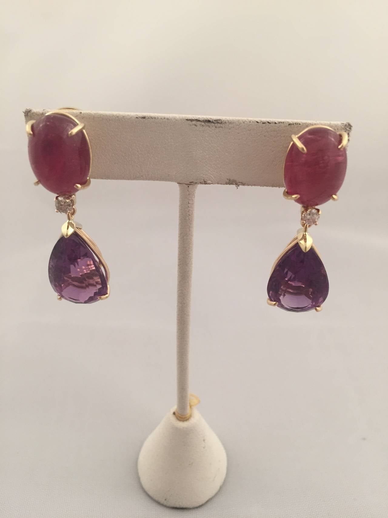 Contemporary Rubelite Amethyst Diamond Gold Drop Earring For Sale