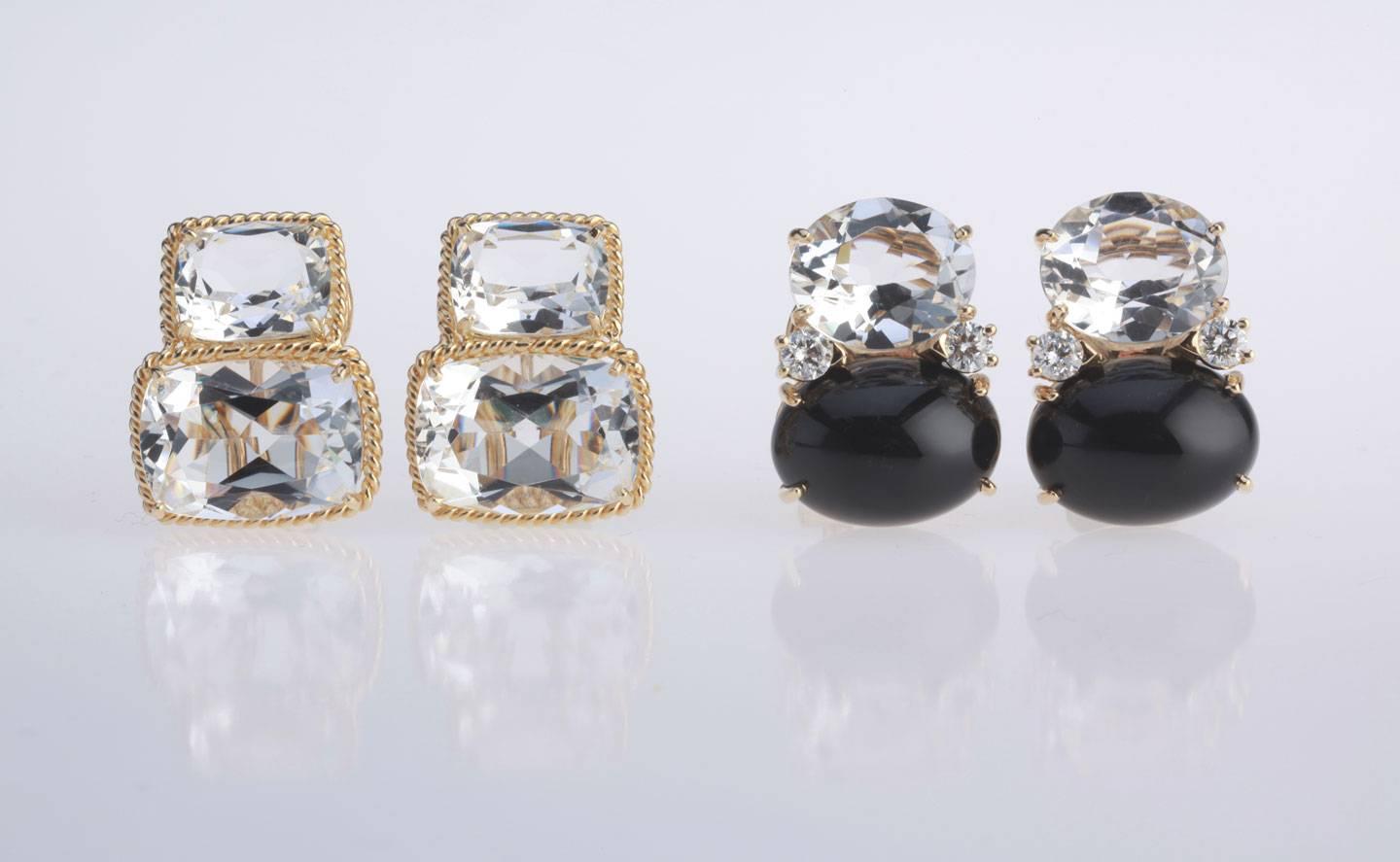 18kt Yellow Gold Large GUM DROP™ Earrings with Rock Crystal Onyx and Diamonds.  These beautiful earrings incorporate the art deco period materials of rock crystal and onyx with a modern twist mixing faceted and cabochon styles and contemorary