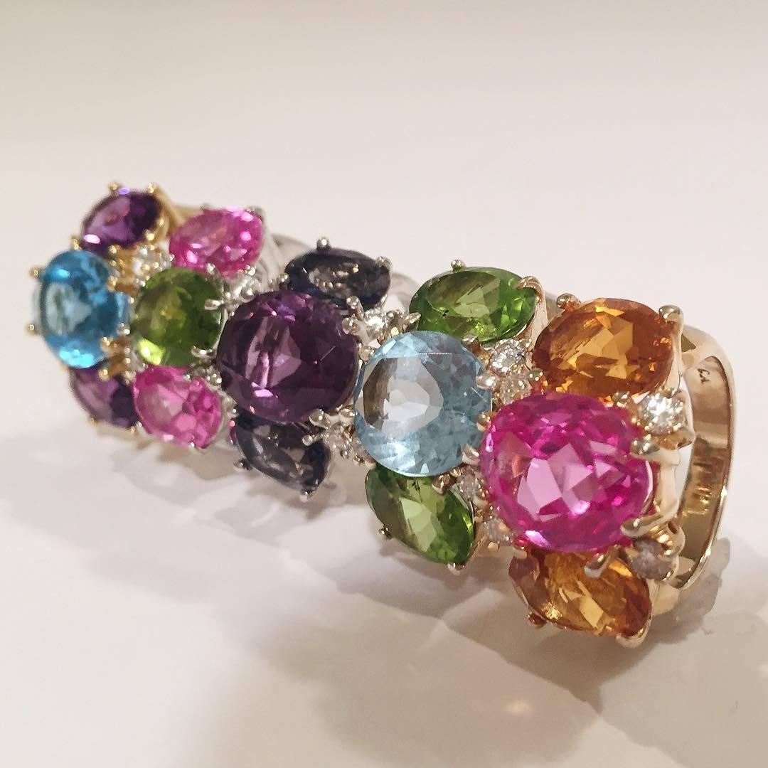 Medium GUM DROP Ring with Pink Topaz and Peridot and Diamonds For Sale 2