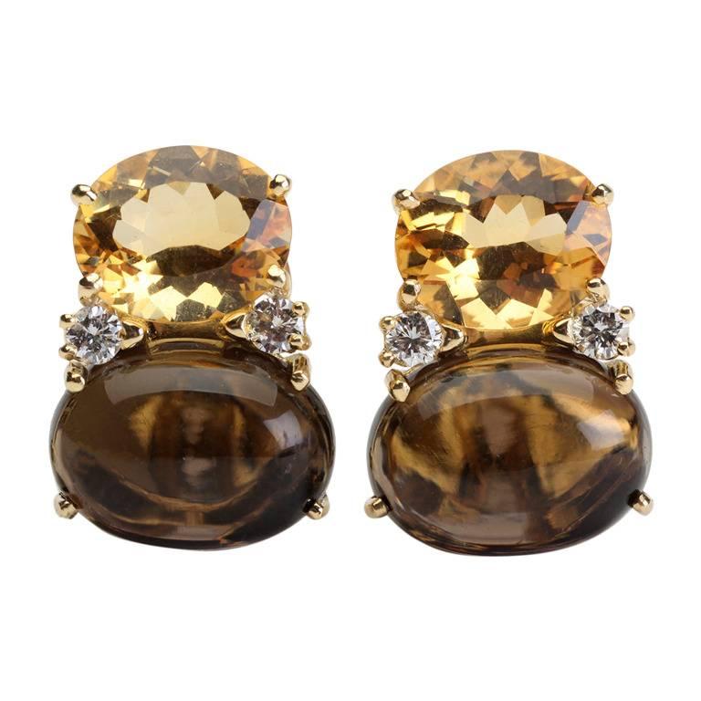 Oval Cut Mini GUM DROP ADELE Earrings with Citrine and Cabochon Smokey Topaz and Diamond For Sale