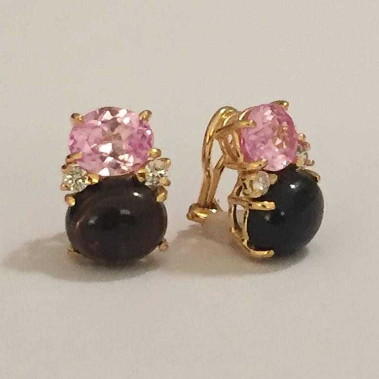 Medium Gum Drop Earrings With Pink And Cabochon Smokey Topaz 18kt Yellow Gold Large Gum Drop Earrings With Faceted Pink Topaz And Cabochon Smokey
