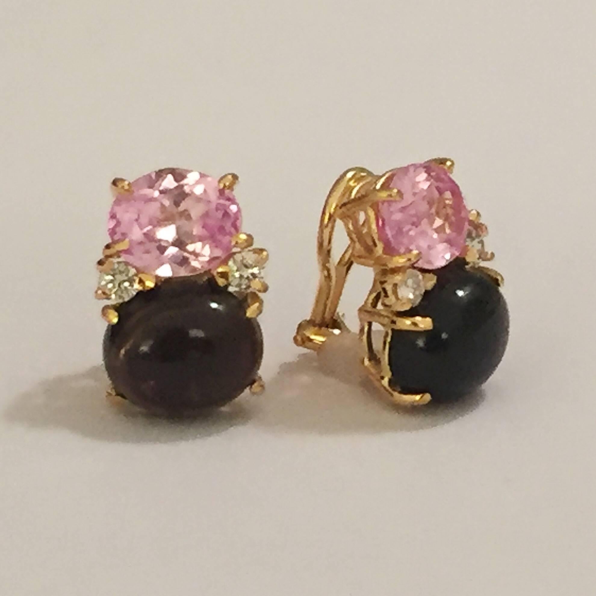 18kt Yellow Gold Large GUM DROP™ Earrings with faceted Pink Topaz and  Cabochon Smokey Topaz and diamonds.

The Pink Topaz is approximately 2.5 cts each and the Cabochon Smokey Topaz is approximately 5 cts each, and 4 diamonds weighing