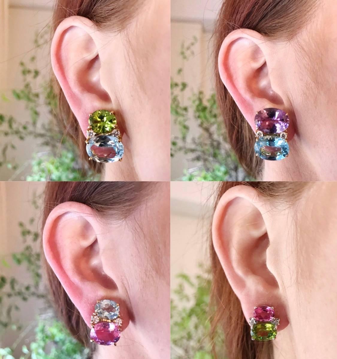 Contemporary Grande GUM DROP™ Earrings with Pink Topaz and Cabochon Garnet and Diamonds For Sale