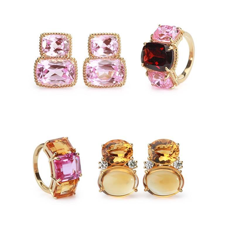 Elegante anello a tre pietre giallo 18kt con bordo a corda e gambo spaccato. L'anello presenta due pietre di Topazio Rosa sfaccettate e tagliate a cuscino.  e una Morganite centrale con taglio a cuscino sfaccettato, il tutto circondato da una corda