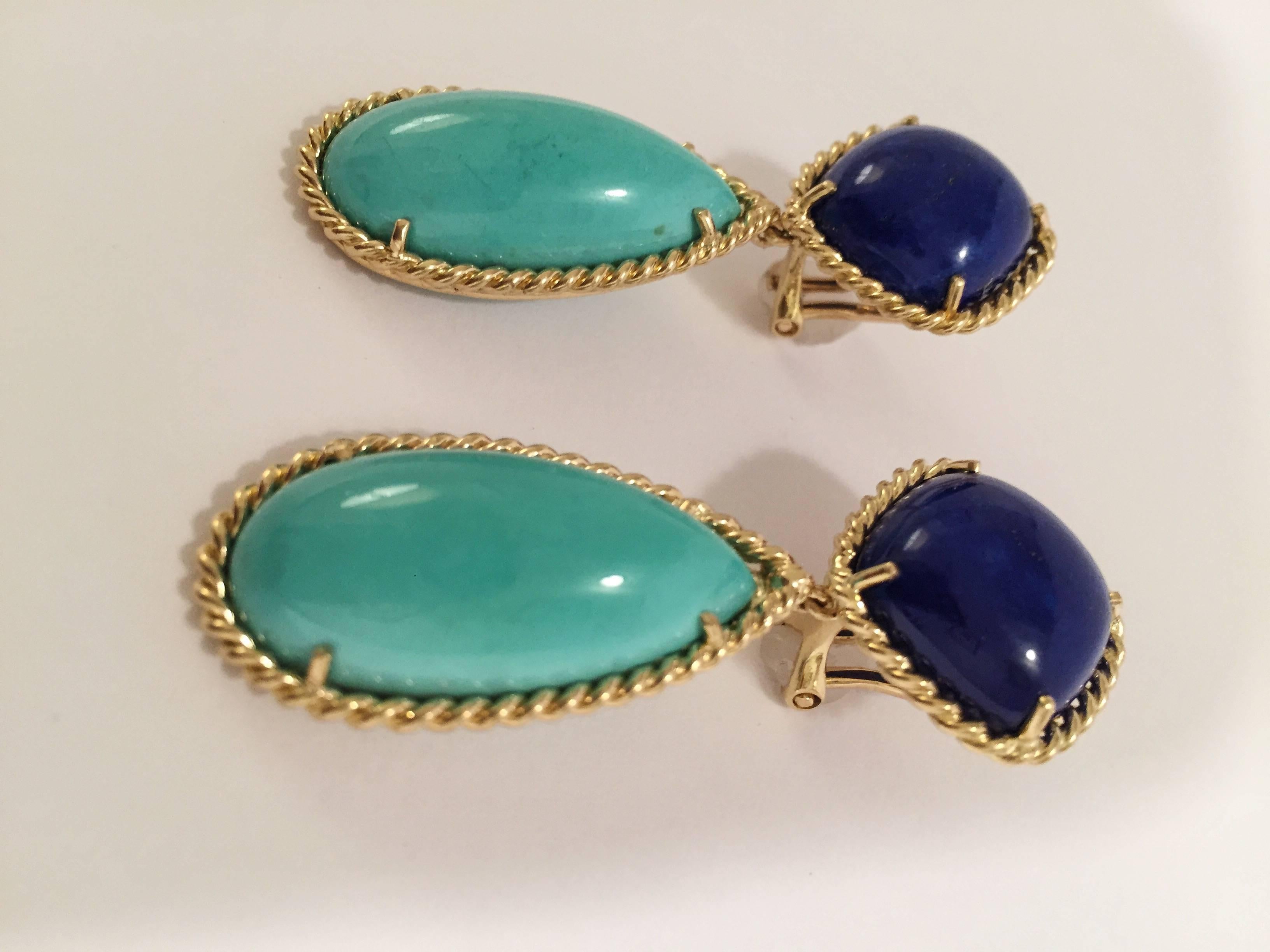 Elegant Rope Twist edged drop Earrings with Lapis and Turquoise.  The Cushion shaped Cabochon Lapis is 3/4
