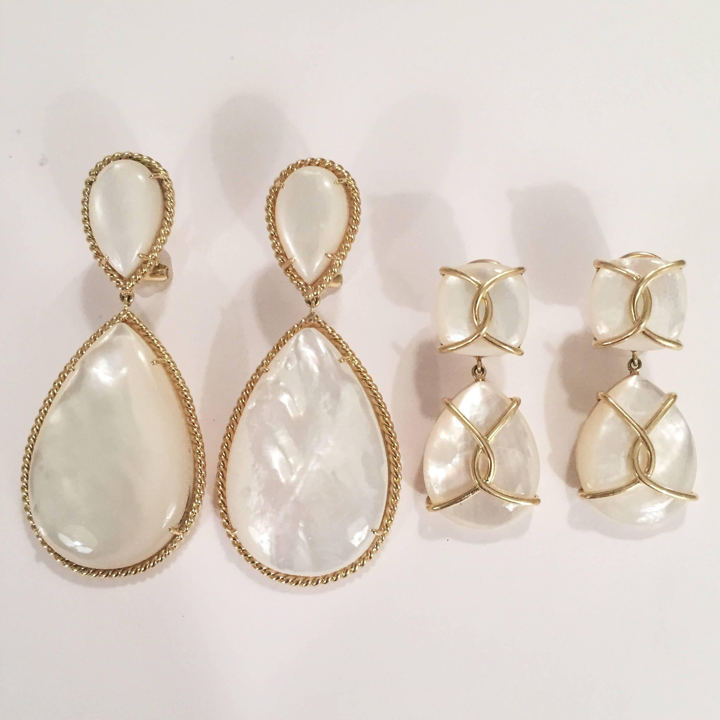 Contemporary Mother Of Pearl Drop Earrings with Twisted Gold Detail For Sale