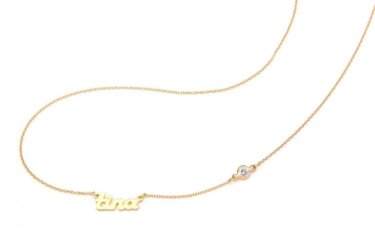 Mini Script Personalized Name Necklace shown with 2 names Gold Plated In New Condition For Sale In New York, NY