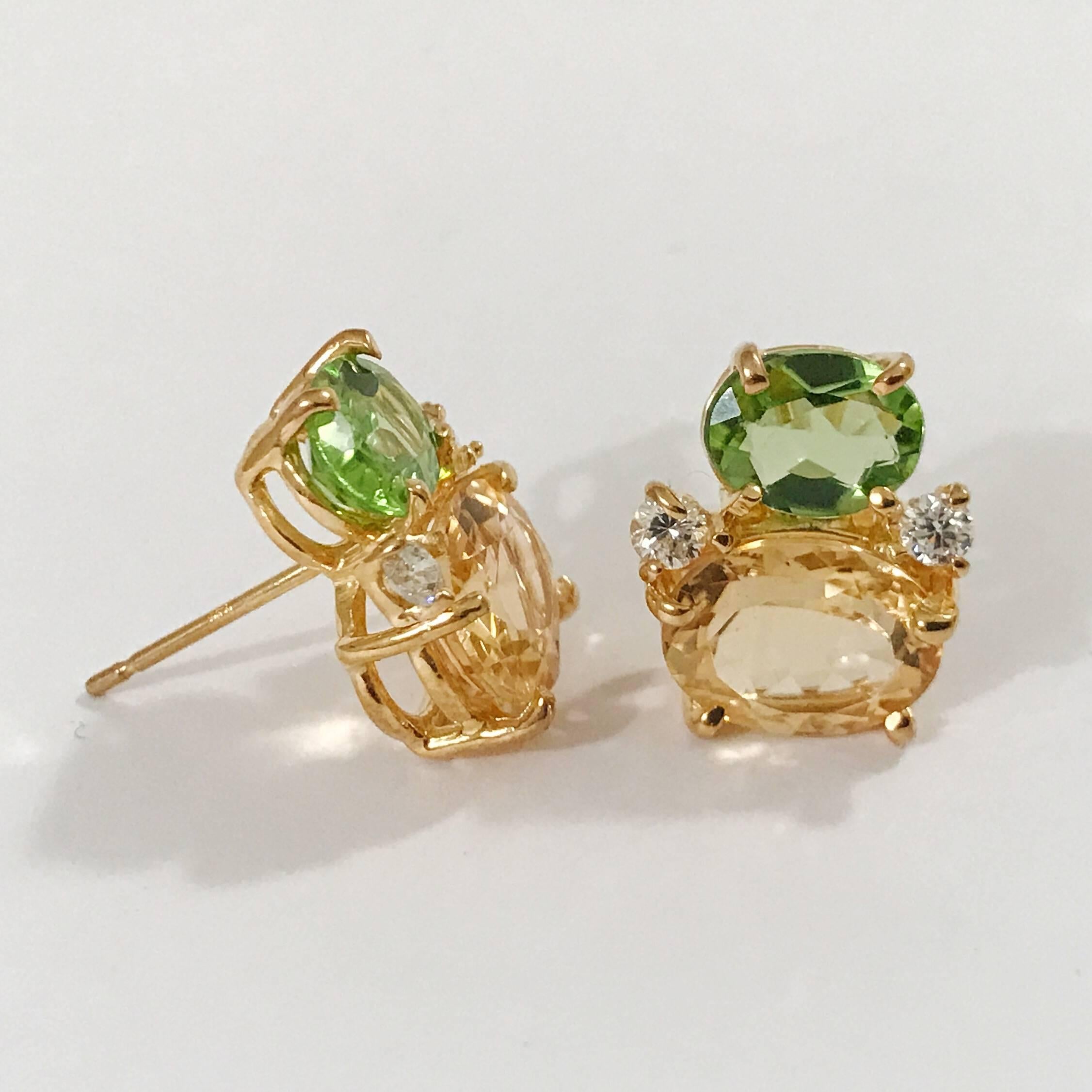 Mini 18kt yellow gold GUM DROP™ earrings with faceted Peridot (approximately 2 cts each), Faceted Citrine (approximately 3 cts each), and 4 diamonds weighing ~ 0.20 cts. 

Specifications: Height: 5/8