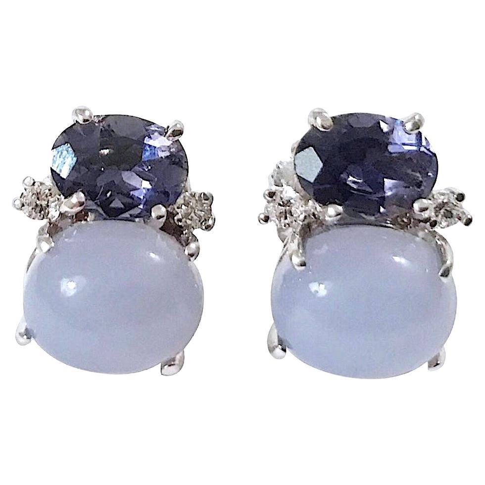 Mini GUM DROP Iolite and Cabochon Chalcedony and Diamond Earrings For Sale