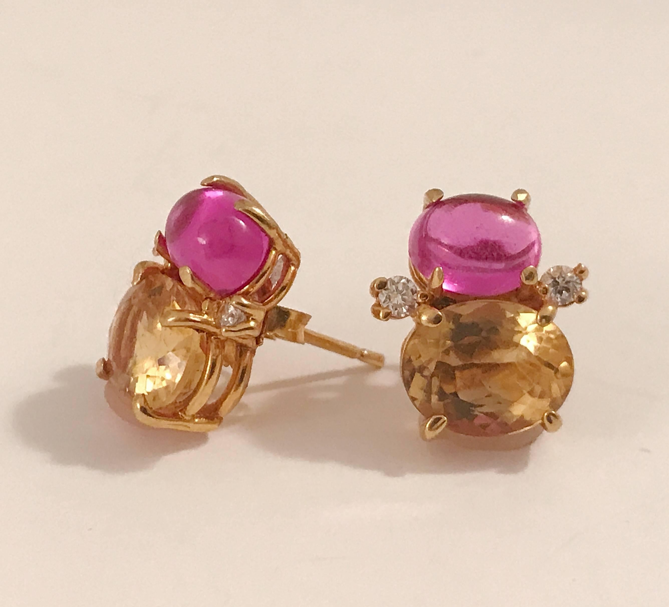 Mini 18kt Yellow Gold GUM DROP™ earrings with Cabochon Pink Topaz (approximately 2 cts each), Faceted Citrine (approximately 3 cts each), and 4 diamonds weighing ~ 0.20 cts. 

Specifications: Height: 5/8