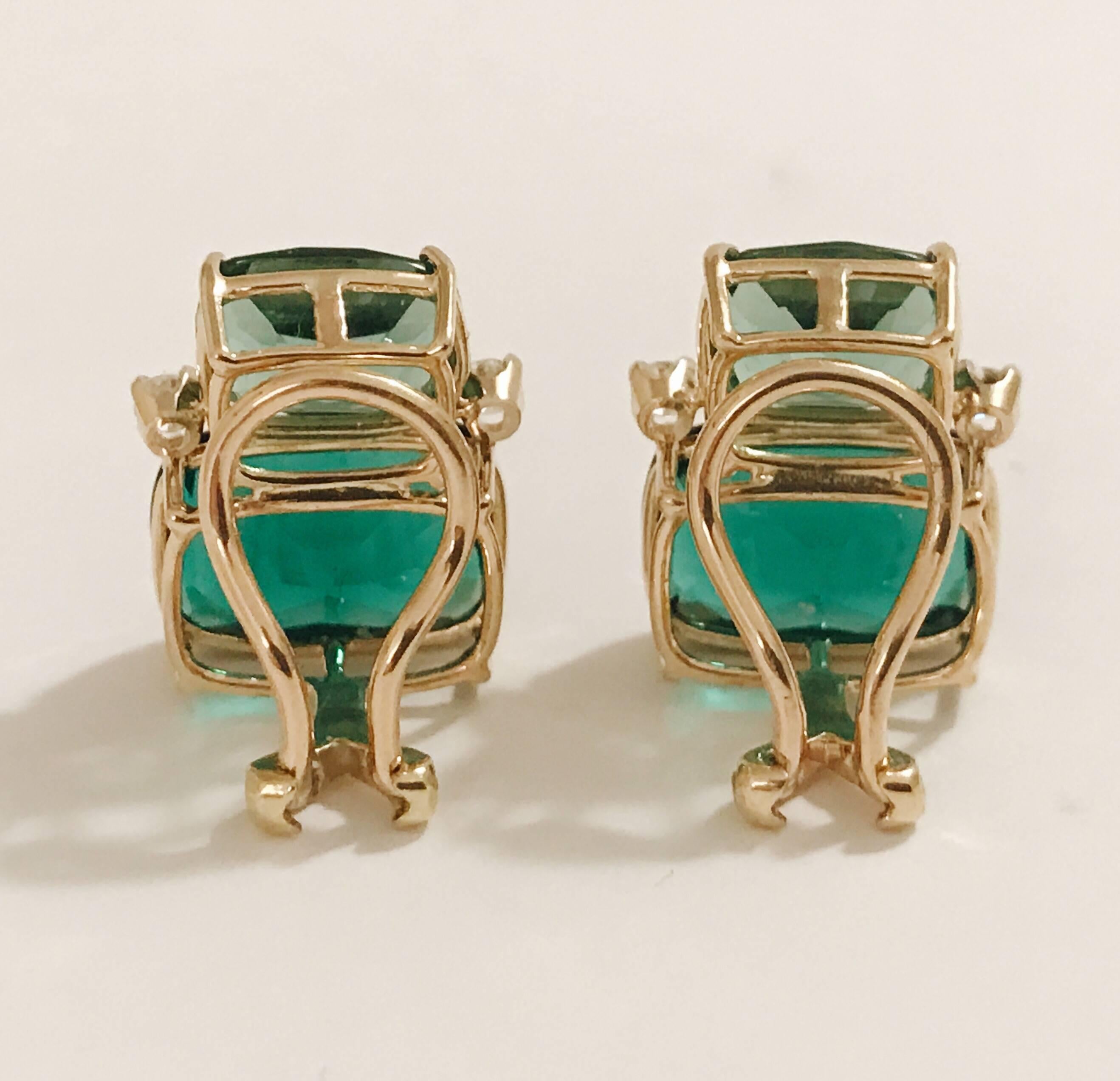 Elegant 18kt Yellow Gold Double Cushion Green Amethyst Stone Earrings with Diamonds. 
 
This is a classic day to evening earring that can be made clip or pierced. The meaning measures 3/4' tall and 1/2