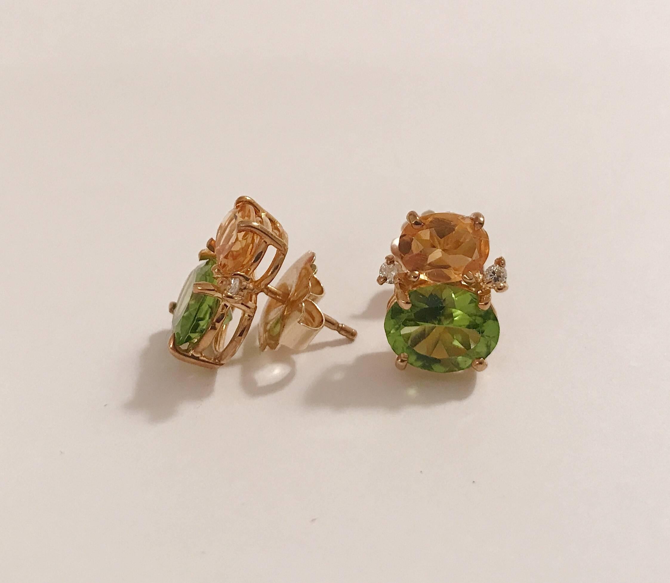 Mini 18kt Yellow Gold GUM DROP™ earrings with faceted Citrine (approximately 2 cts each), Faceted Peridot (approximately 3 cts each), and 4 diamonds weighing ~ 0.20 cts. 

Specifications:  : 5/8