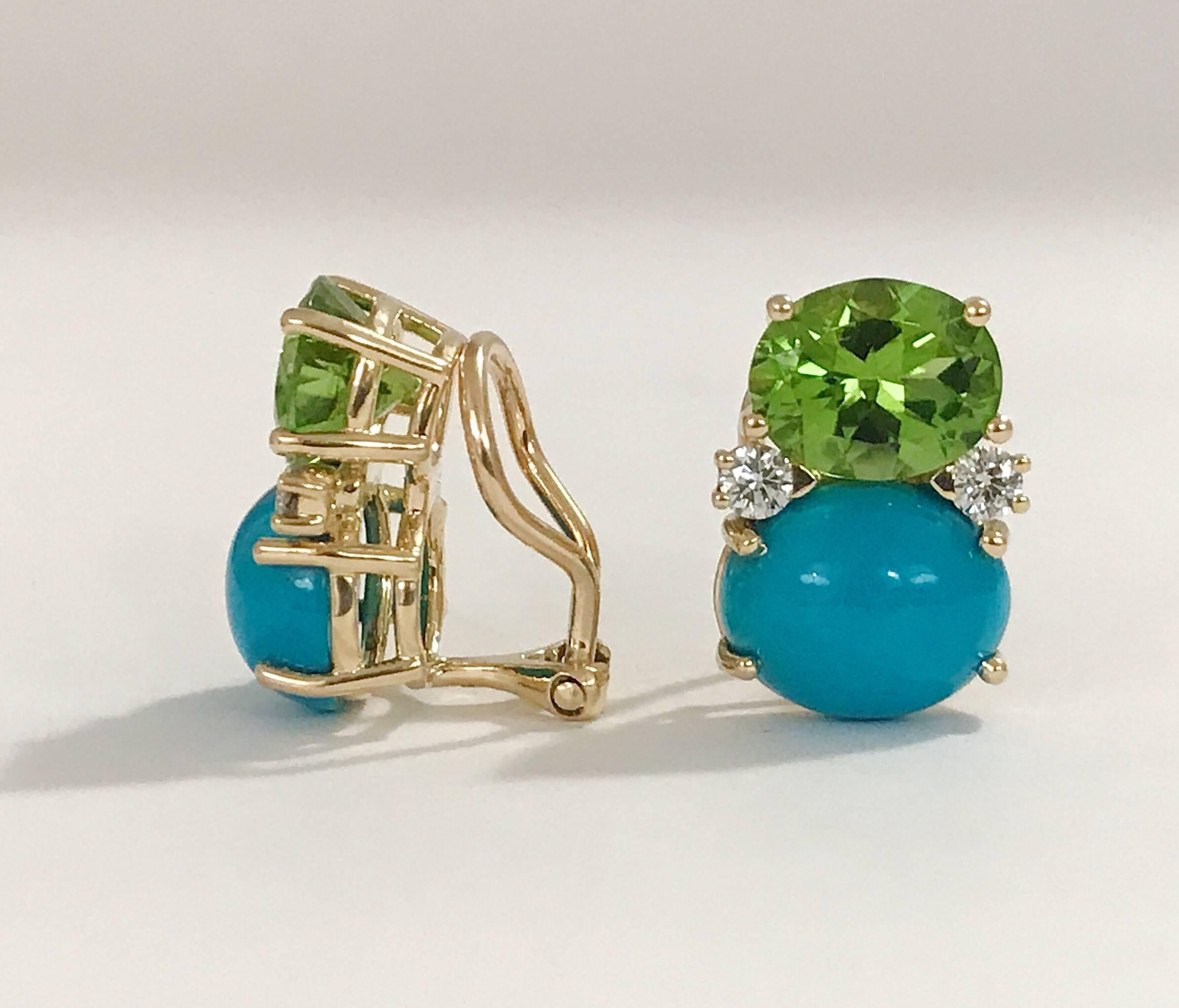 Medium 18kt yellow gold GUM DROP™ earrings with faceted Peridot (approximately 2.5 cts each), Cabochon Turquoise  (approximately 5 cts each), and 4 diamonds weighing ~0.40 cts.  
 Specifications: Height: 3/4